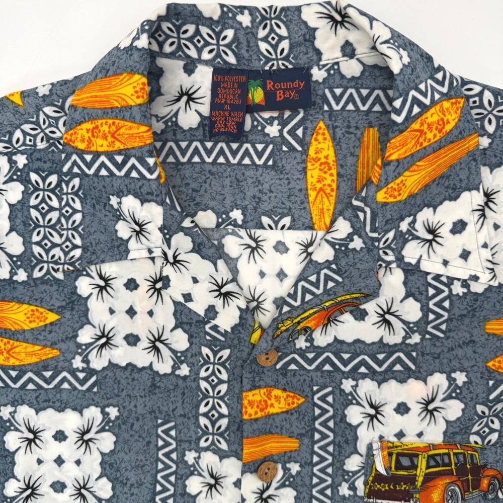 Roundy Bay Button Up Mens XL Blue Surfboard Woodie Wagon Tropical Aloha Shirt